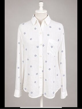 Rails Charli Flocked Midnight Stars Linen Blend Button-Front Shirt White/Navy XS